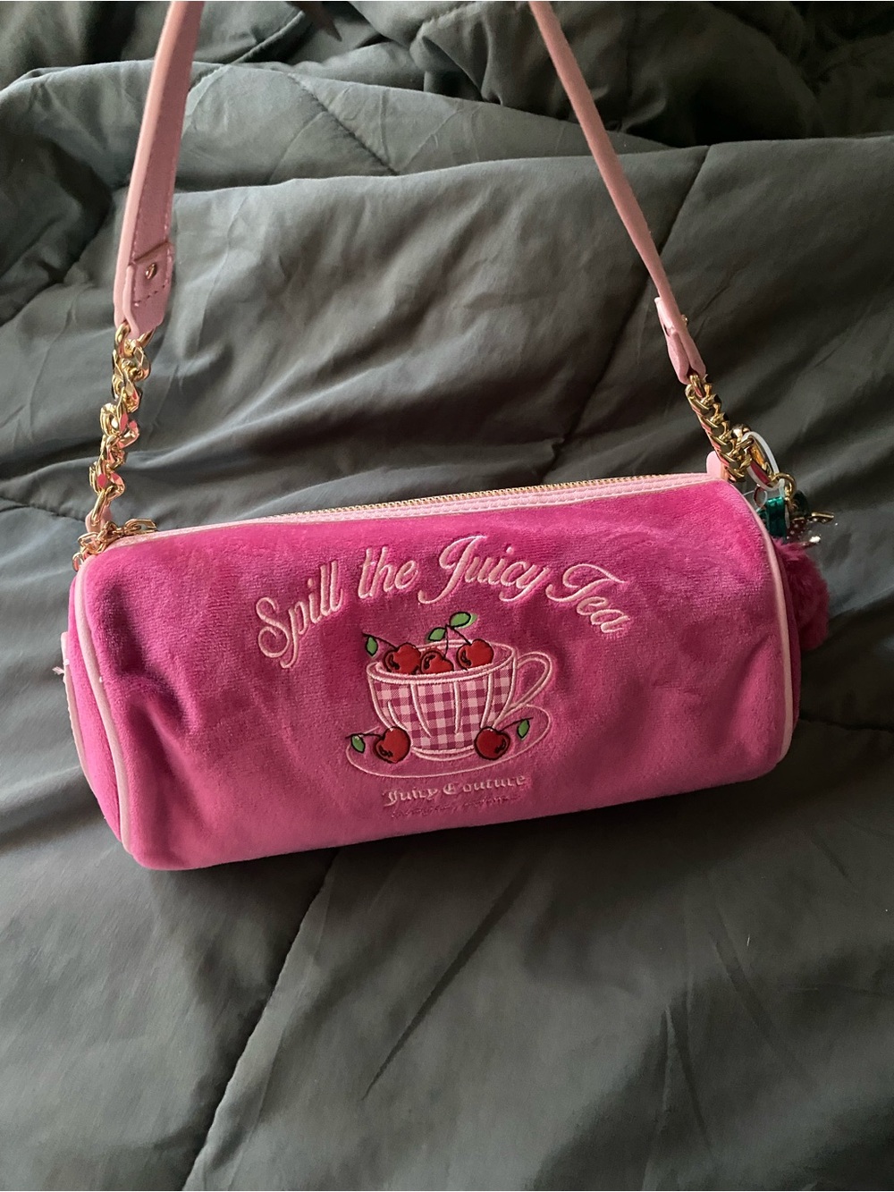 Juicy Couture Pink 'Spill the Juicy Tea' Velvet Barrel Shoulder Bag 🆕